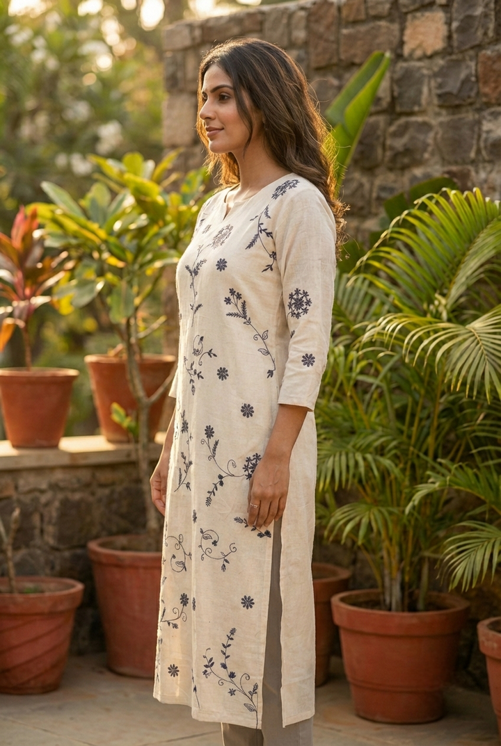 Off White Cotton Floral Hand Embroidery Kurta