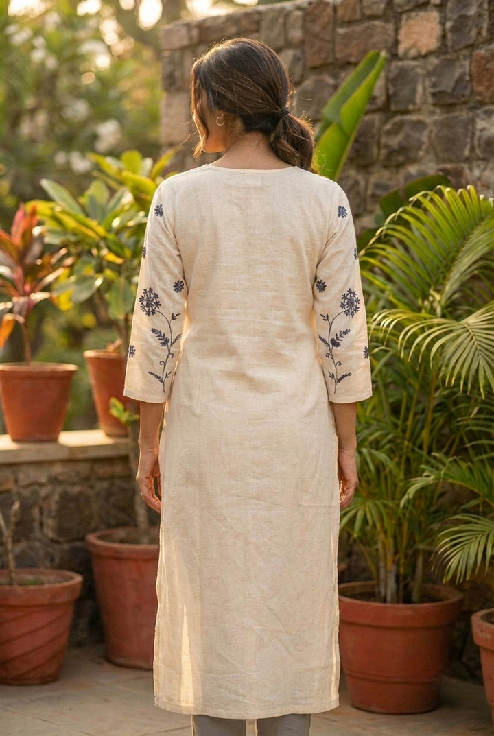 Off White Cotton Floral Hand Embroidery Kurta