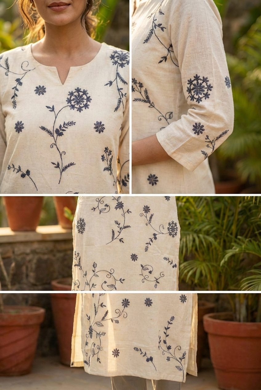 Off White Cotton Floral Hand Embroidery Kurta