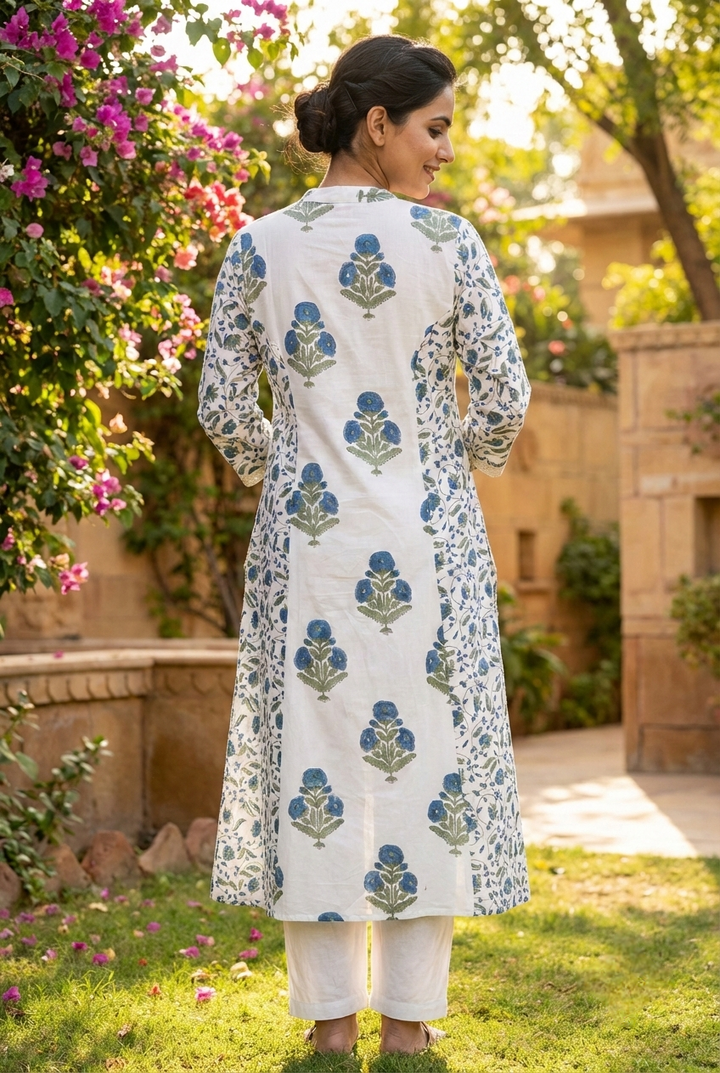 Neerus Blue cotton printed kurta set - back view