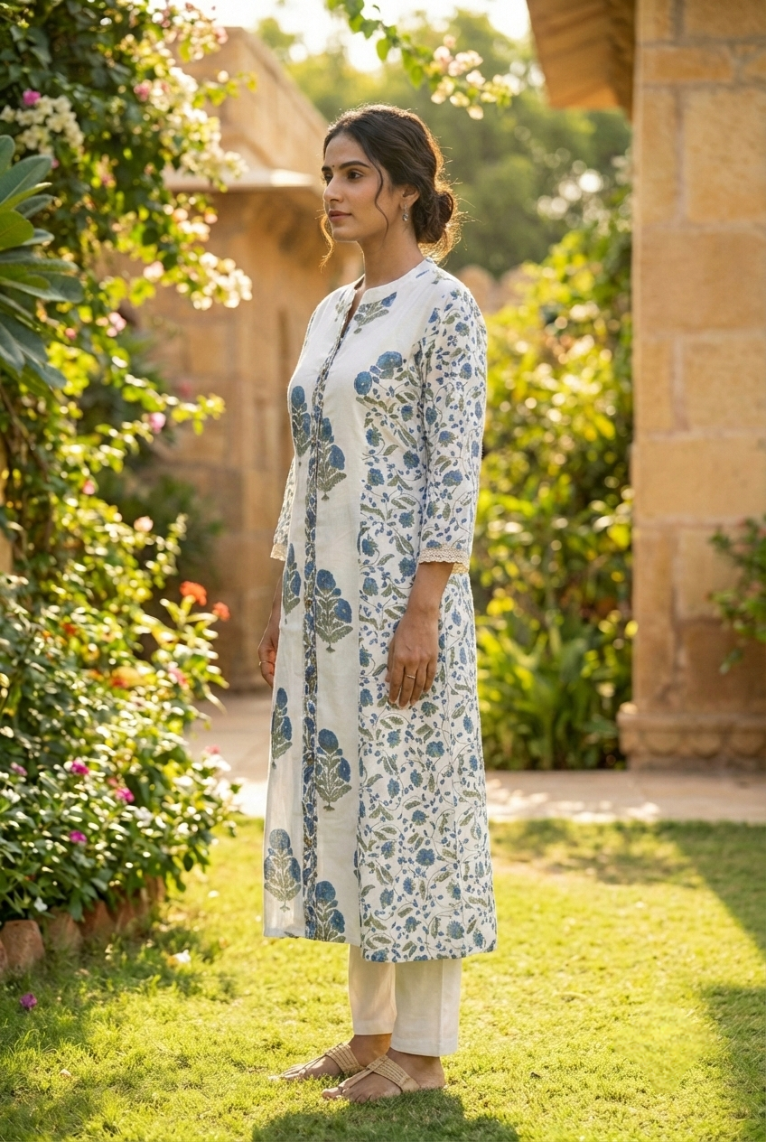 Neerus Blue cotton printed kurta set - side view