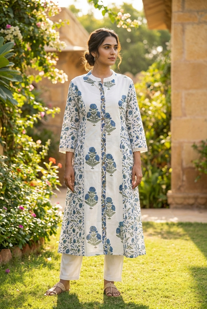 Neerus Blue cotton printed kurta set - front view