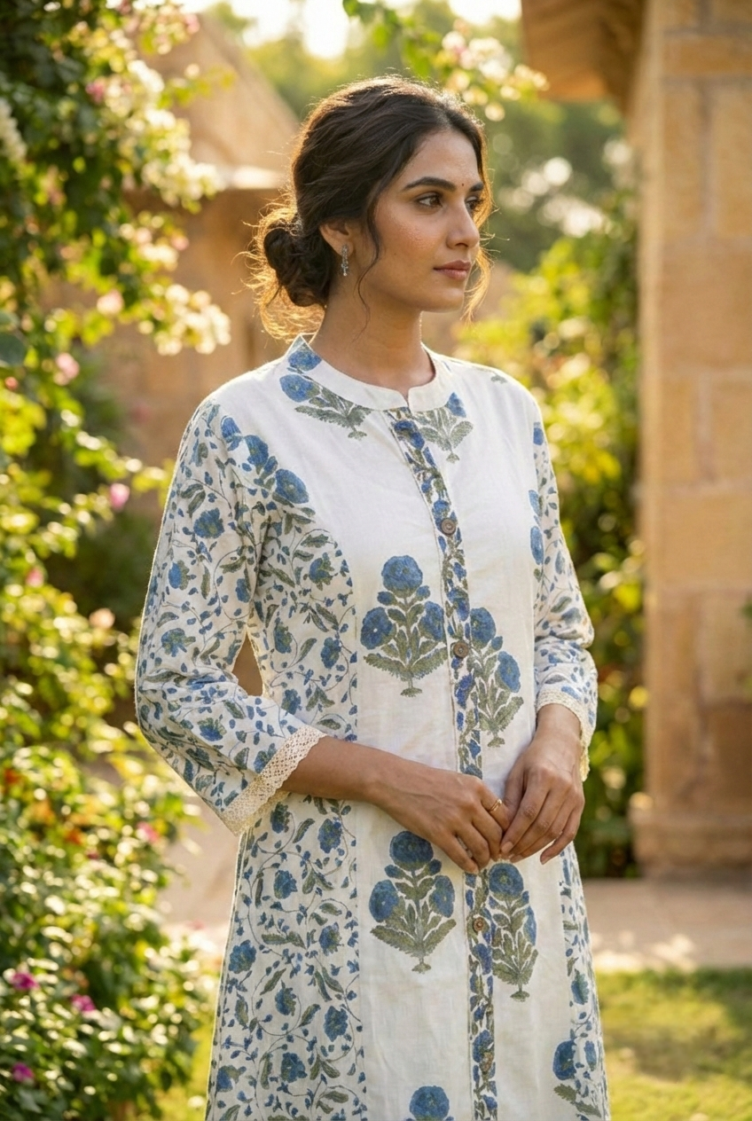 Neerus Blue cotton printed kurta set - detail view 1