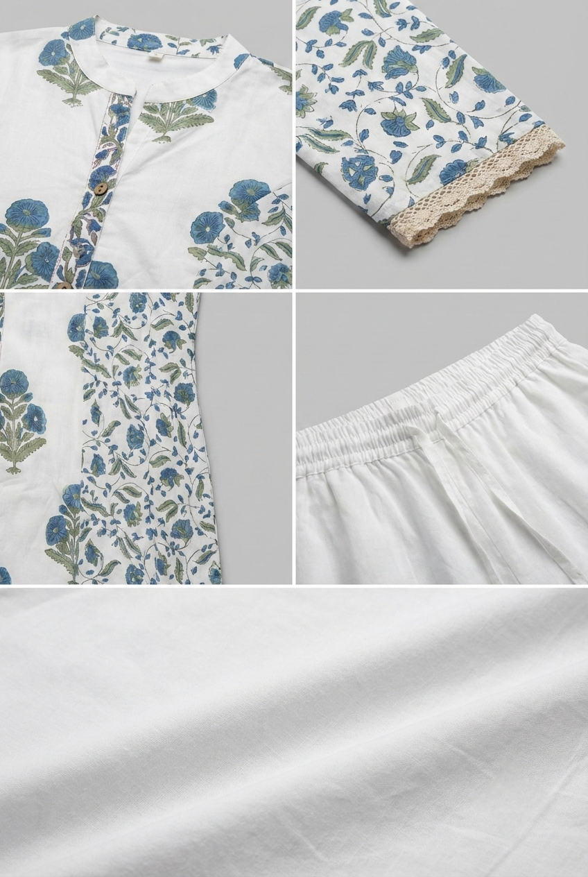 Neerus Blue cotton printed kurta set - detail view 2