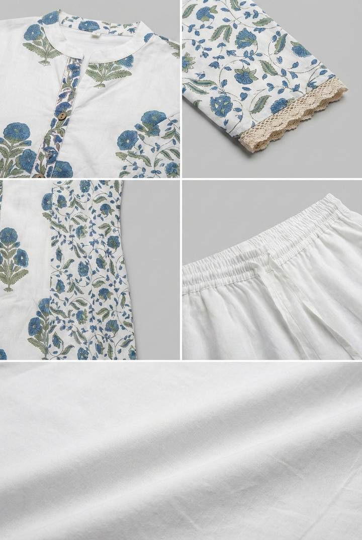 Neerus Blue cotton printed kurta set - detail view 2