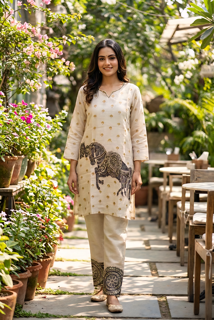 Grey Linen Printed Two Piece Set