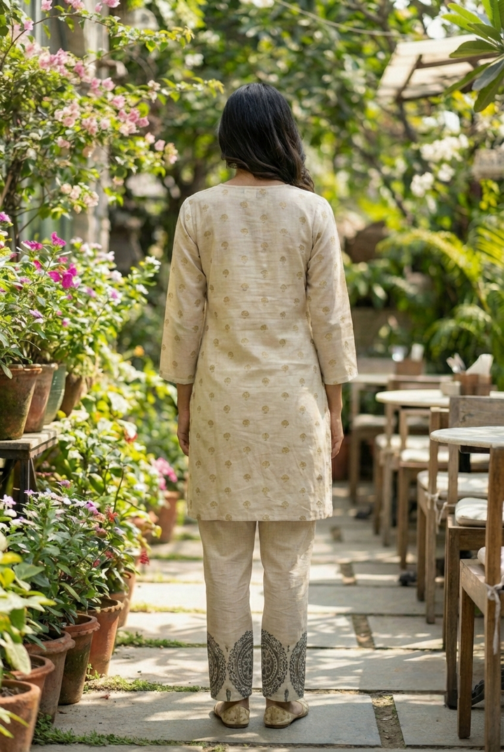 Grey Linen Printed Two Piece Set