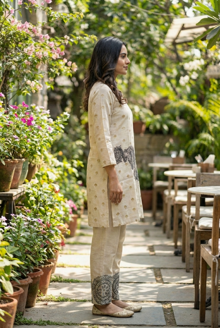 Grey Linen Printed Two Piece Set