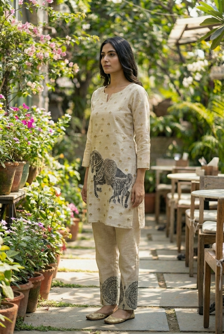 Grey Linen Printed Two Piece Set