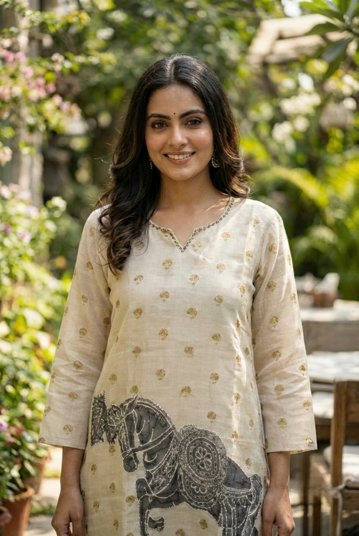 Grey Linen Printed Two Piece Set