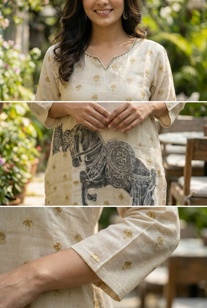 Grey Linen Printed Two Piece Set