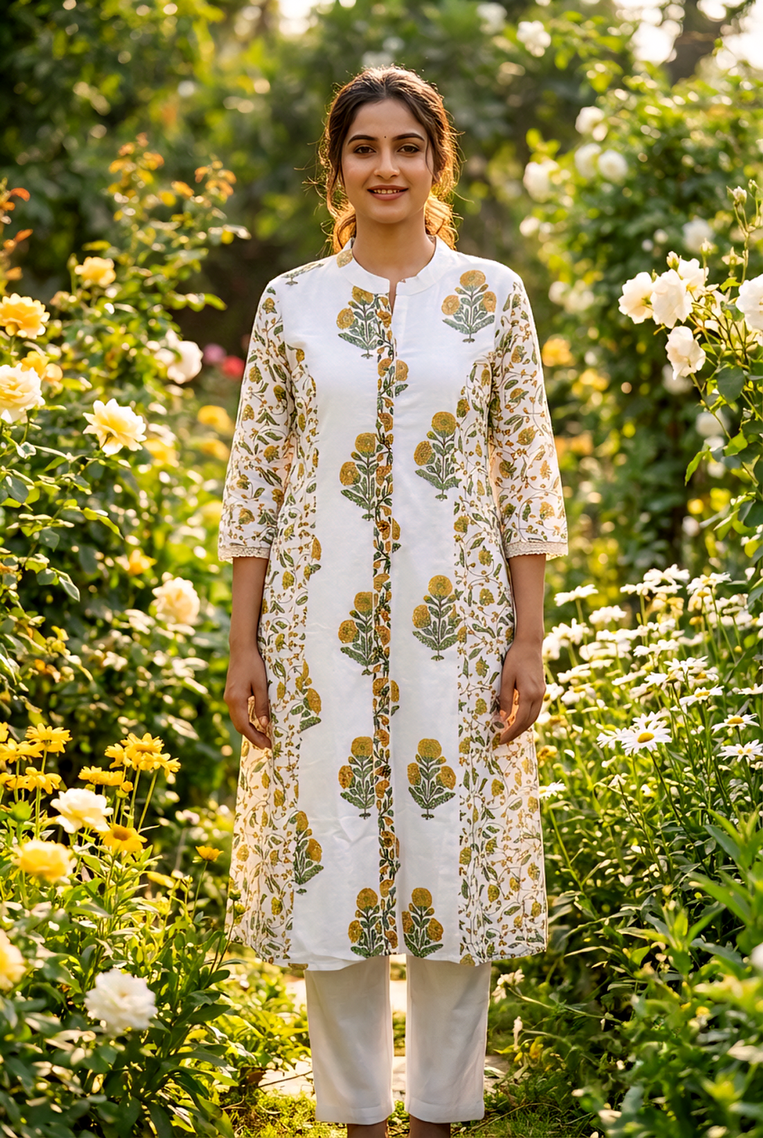 Neerus Yellow cotton printed kurta set - front view