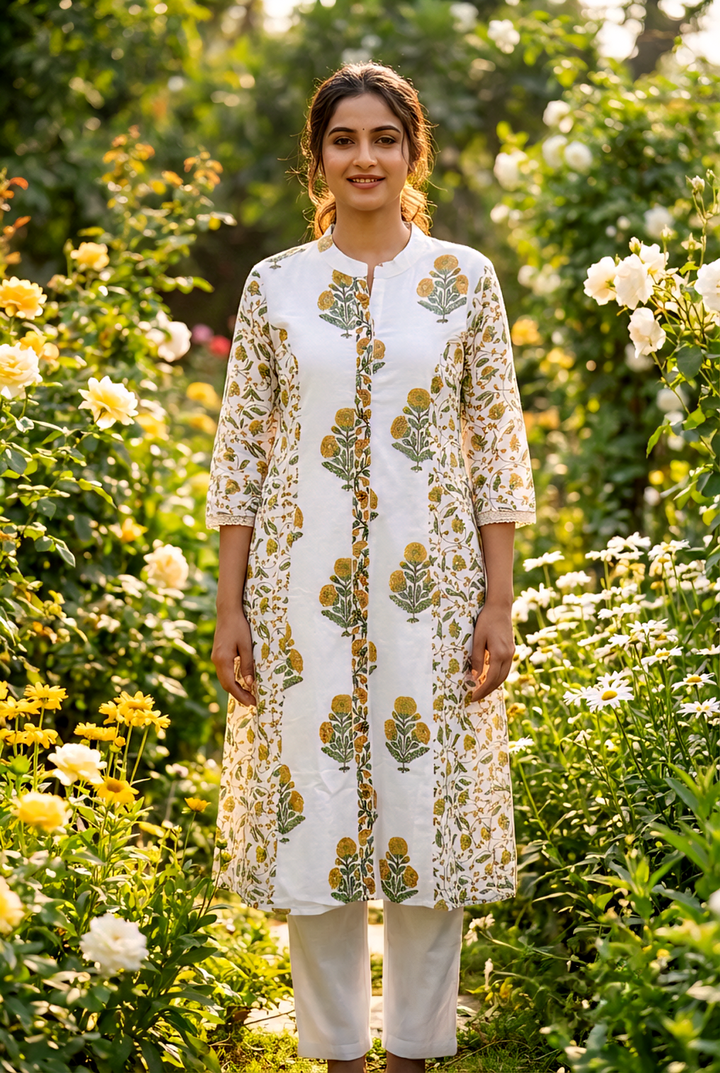 Neerus Yellow cotton printed kurta set - front view