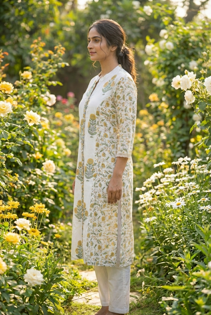 Neerus Yellow cotton printed kurta set - back view