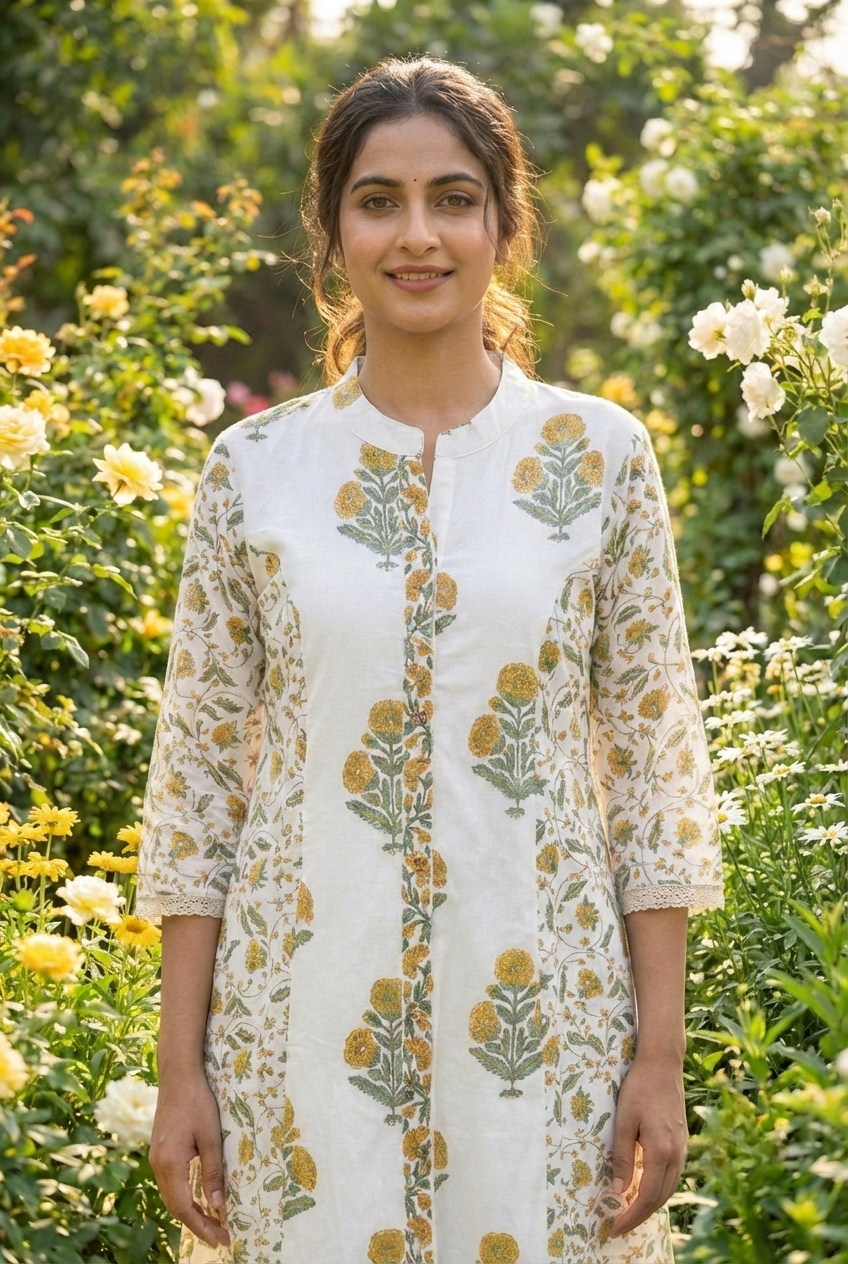 Neerus Yellow cotton printed kurta set - detail view 1