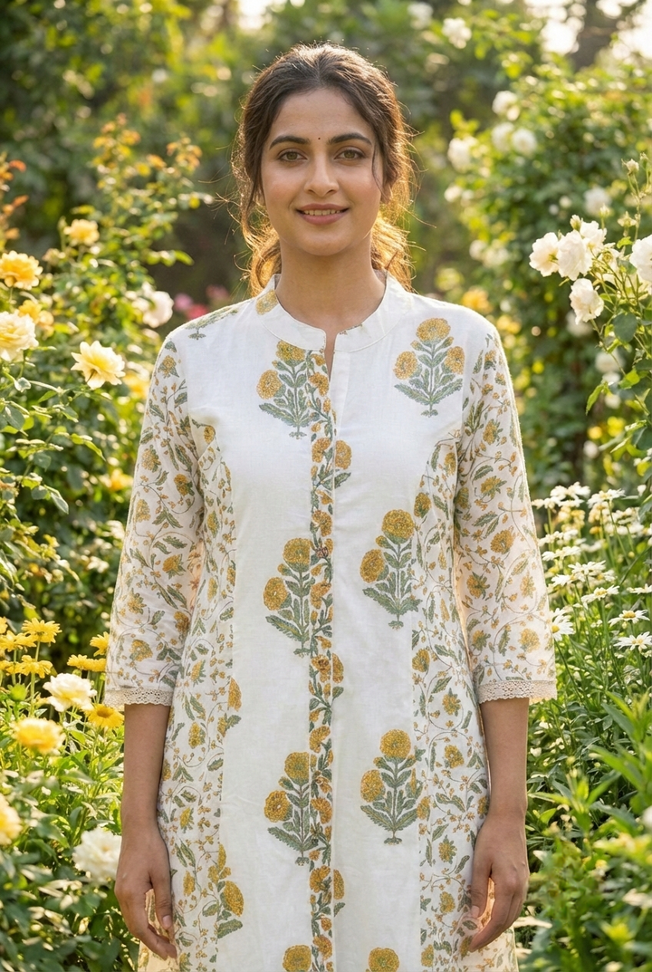 Neerus Yellow cotton printed kurta set - detail view 1