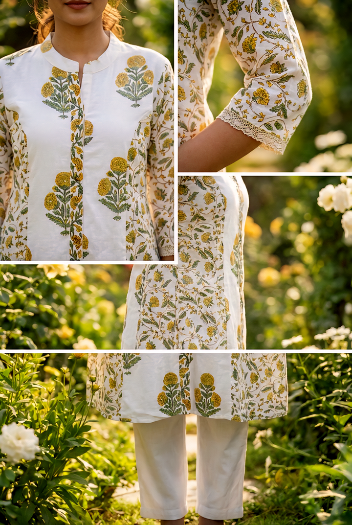 Neerus Yellow cotton printed kurta set - detail view 2