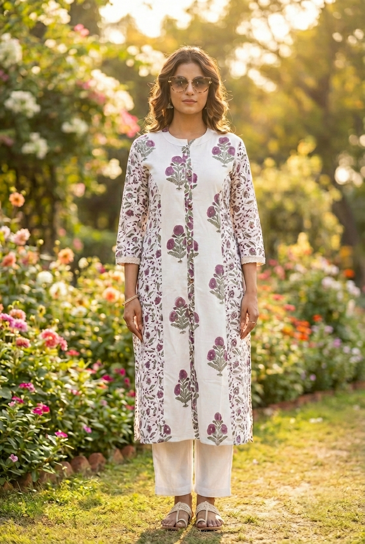 Neerus Purple cotton printed kurta set - front view