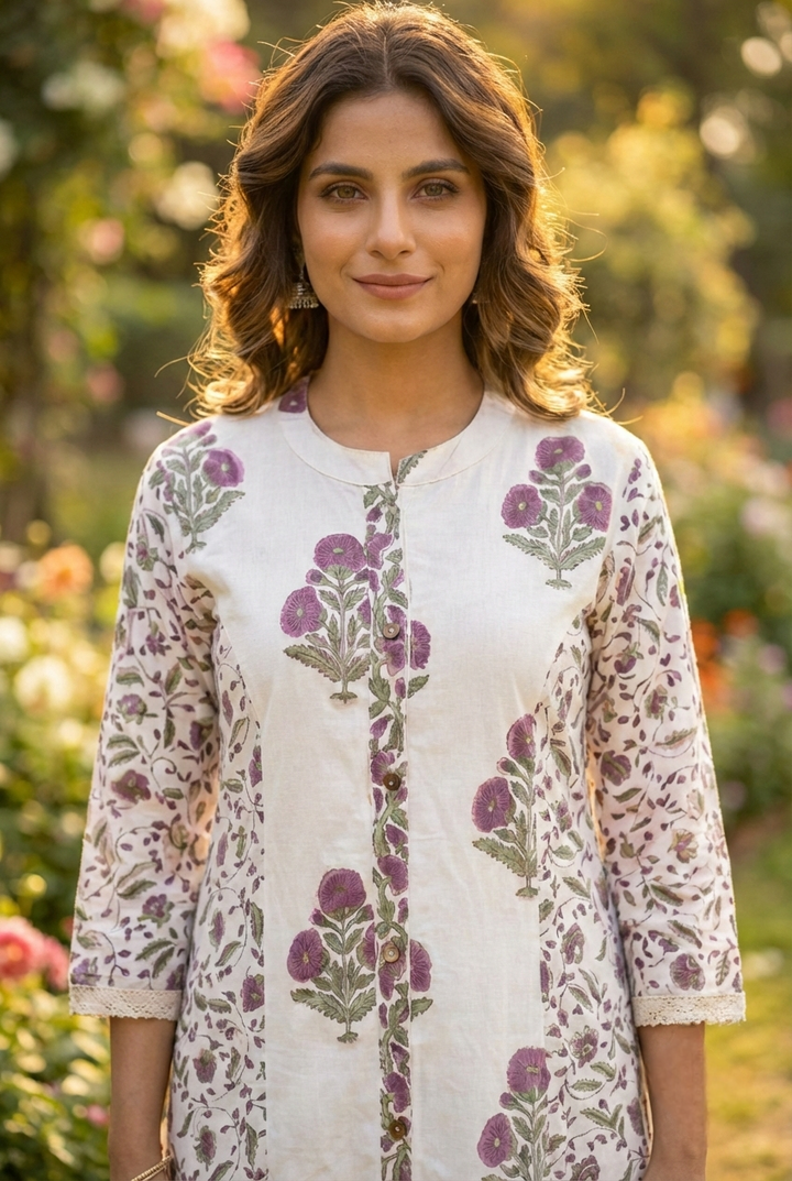 Neerus Purple cotton printed kurta set - detail view 1