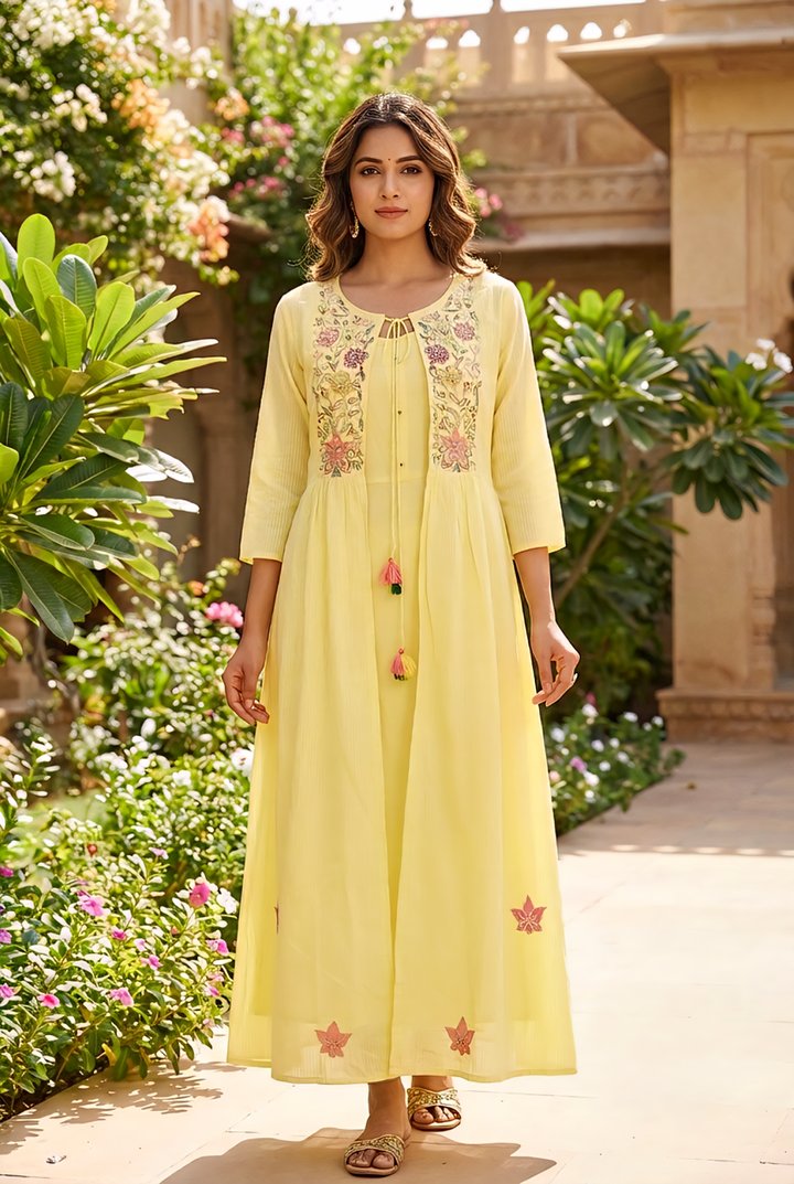 Neerus Yellow cotton hand embroidered maxi dress - front view