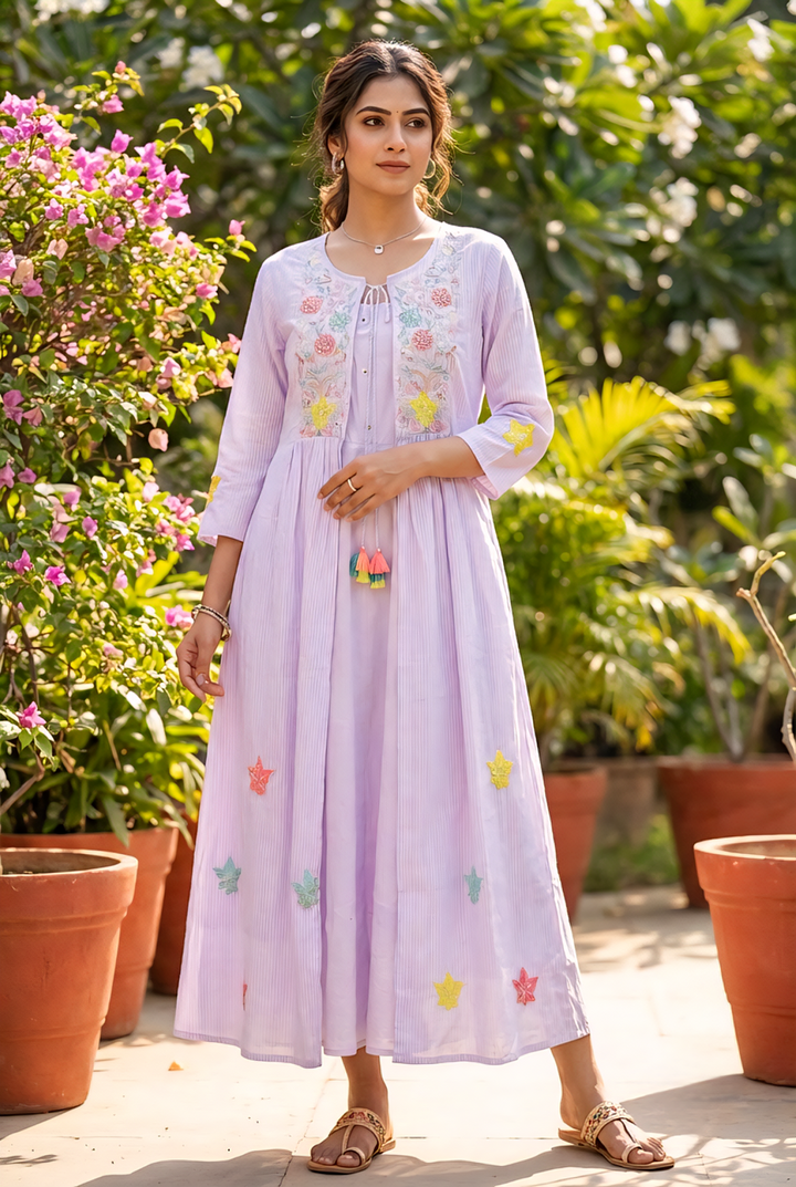 Neerus Purple cotton hand embroidered maxi dress - front view