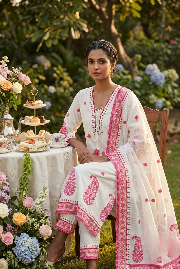 Rani Pink Linen Printed Three Piece Set