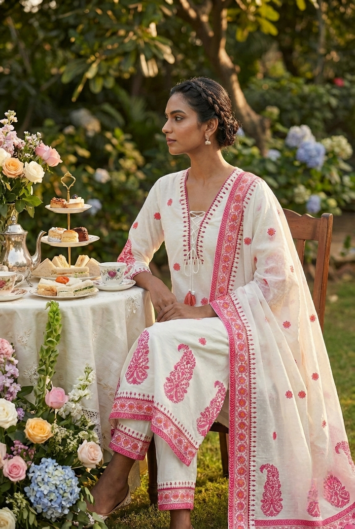 Rani Pink Linen Printed Three Piece Set