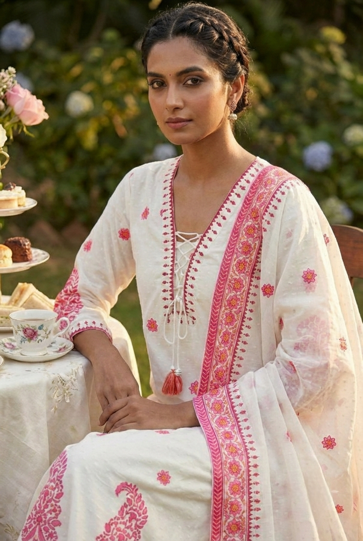 Rani Pink Linen Printed Three Piece Set