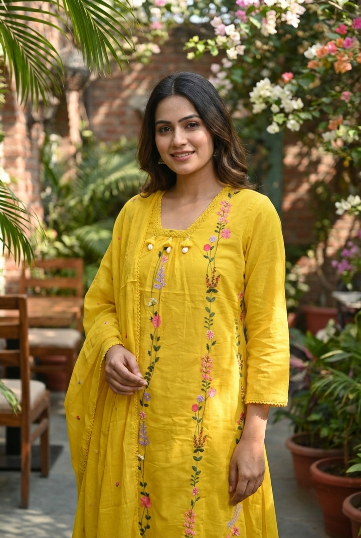Neerus Yellow cotton hand embroidered suit set - back view