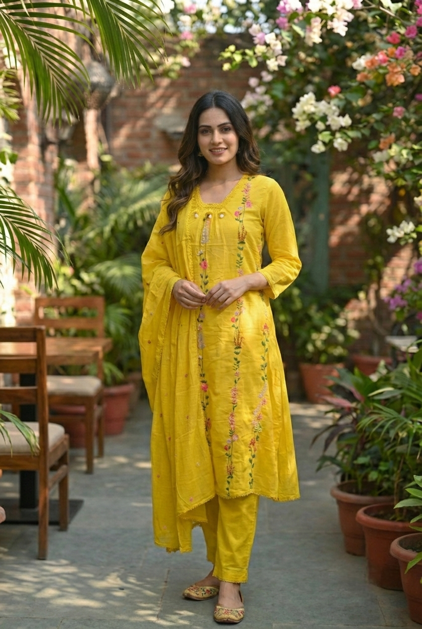 Neerus Yellow cotton hand embroidered suit set - front view
