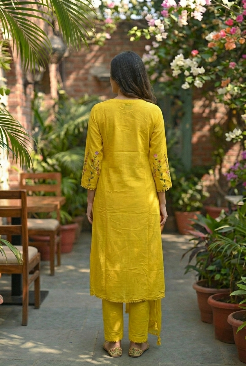 Neerus Yellow cotton hand embroidered suit set - side view