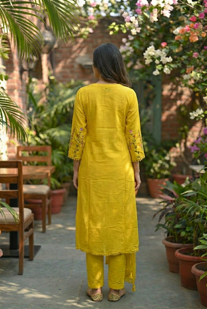 Neerus Yellow cotton hand embroidered suit set - side view