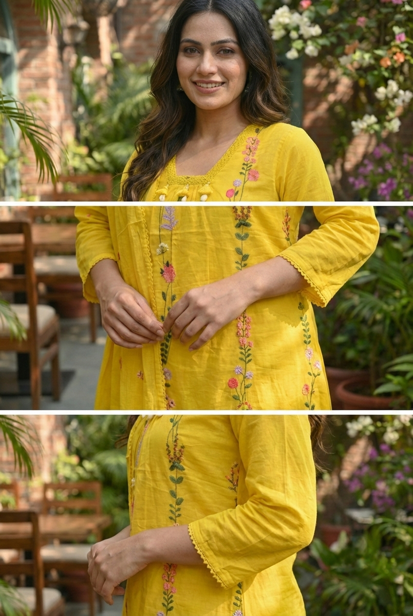 Neerus Yellow cotton hand embroidered suit set - detail view 1