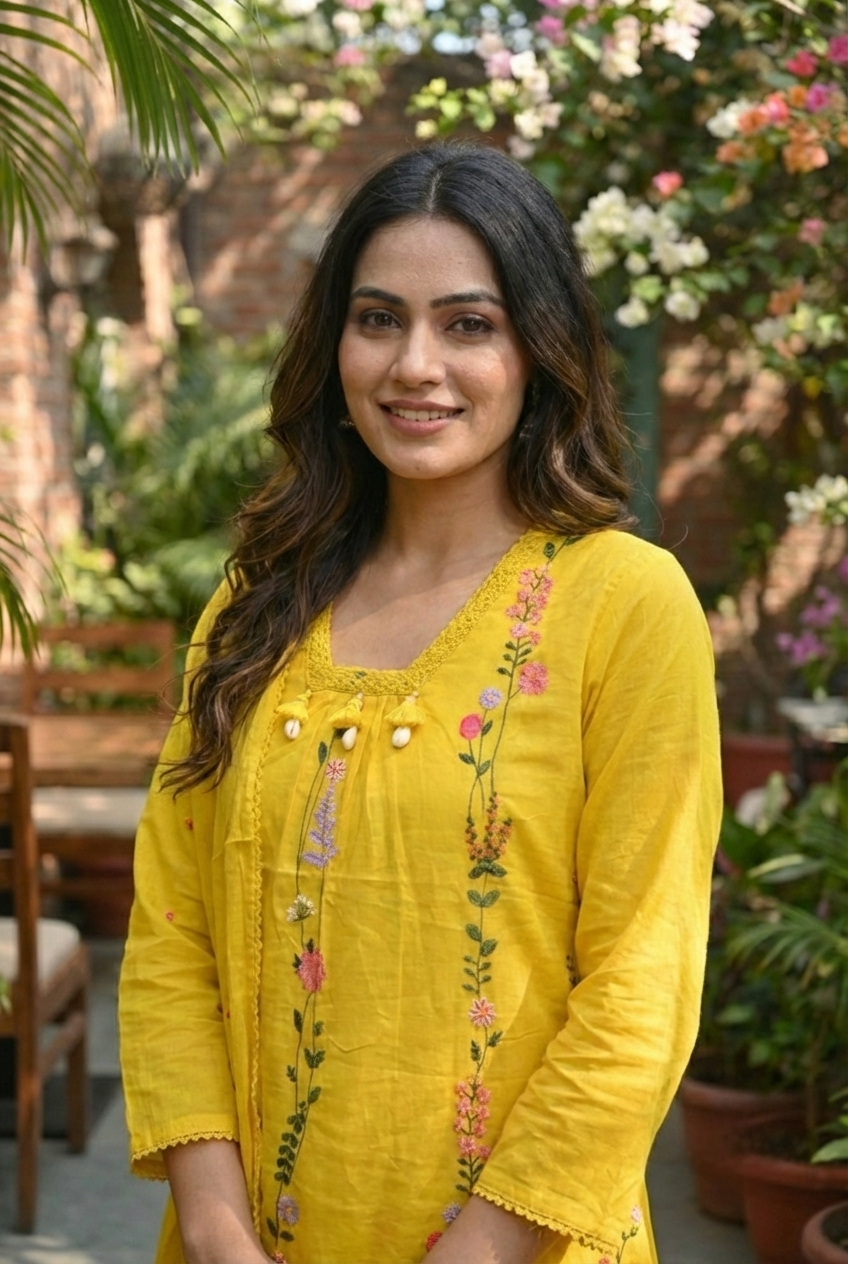 Neerus Yellow cotton hand embroidered suit set - detail view 2