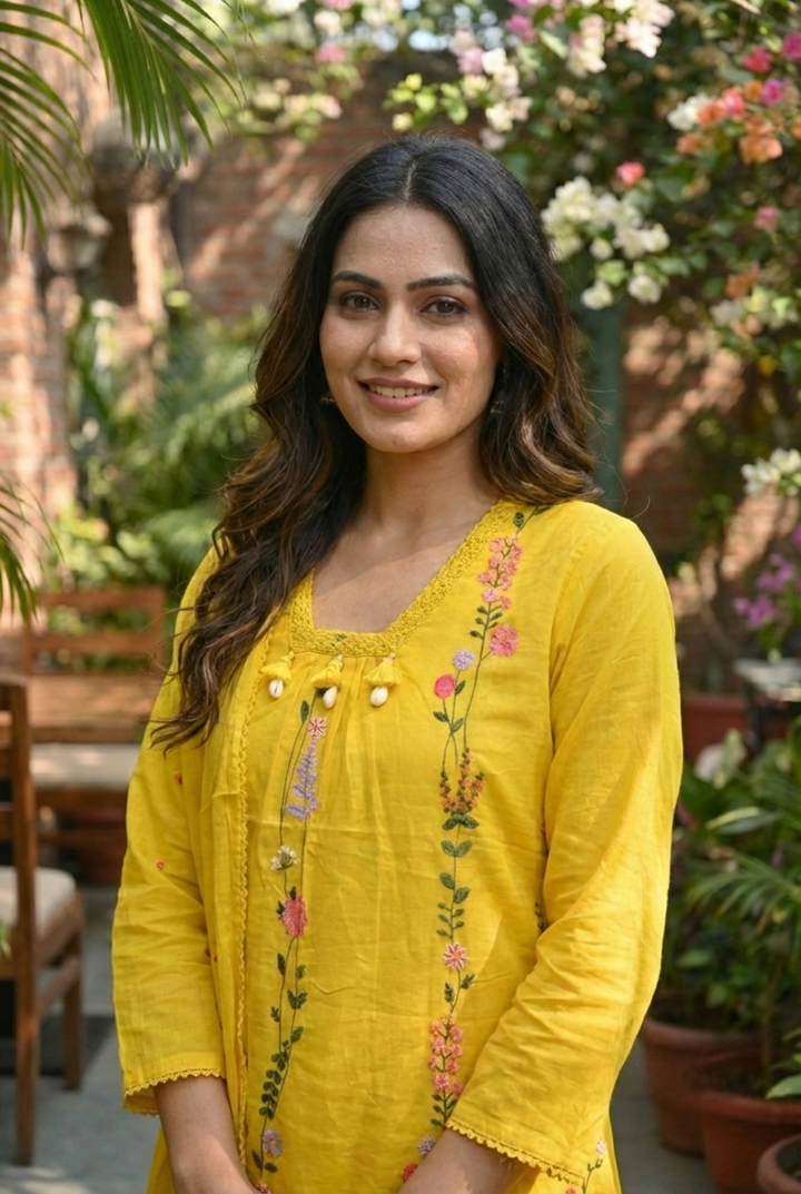 Neerus Yellow cotton hand embroidered suit set - detail view 2