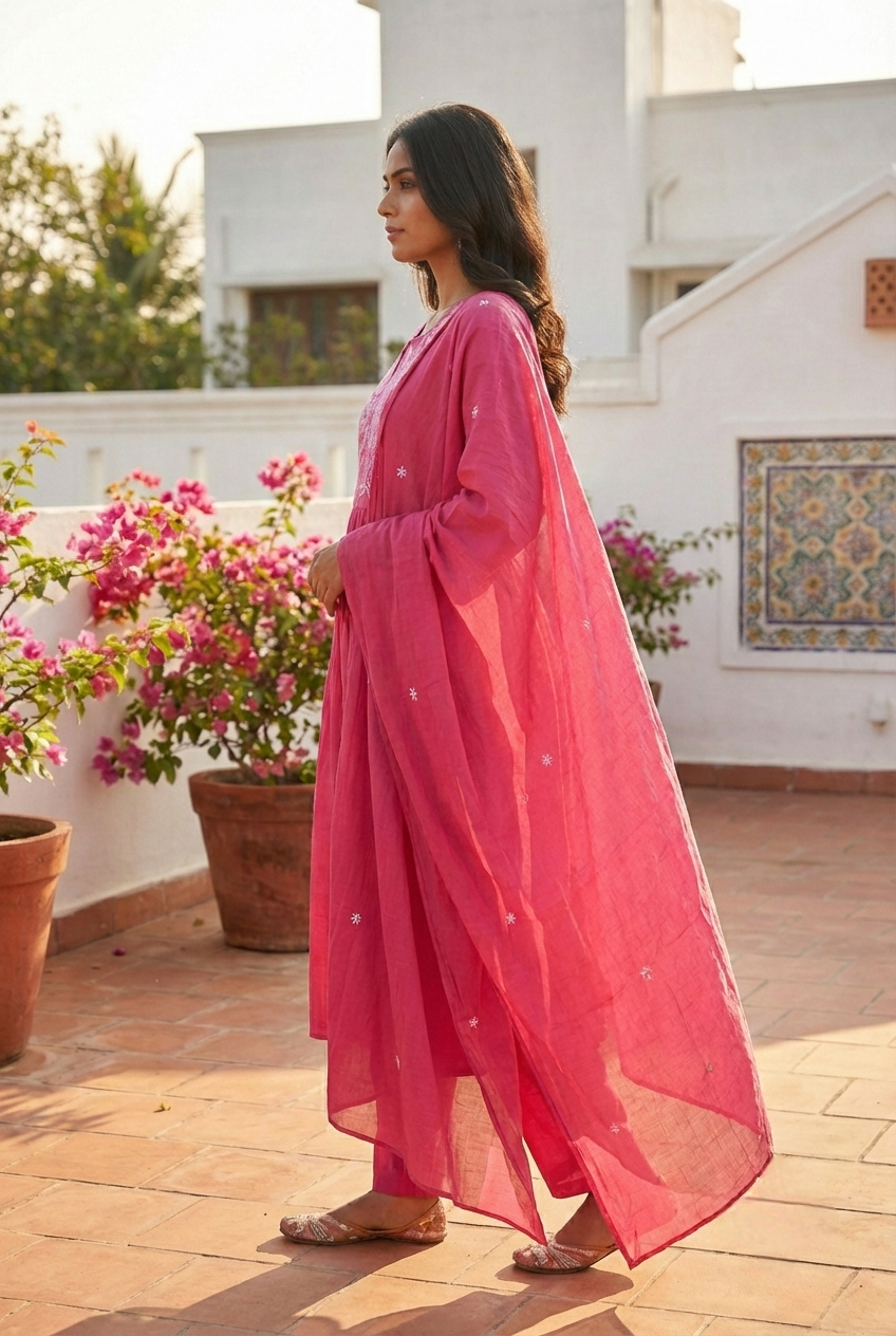 Neerus Pink cotton hand embroidered suit set - side view