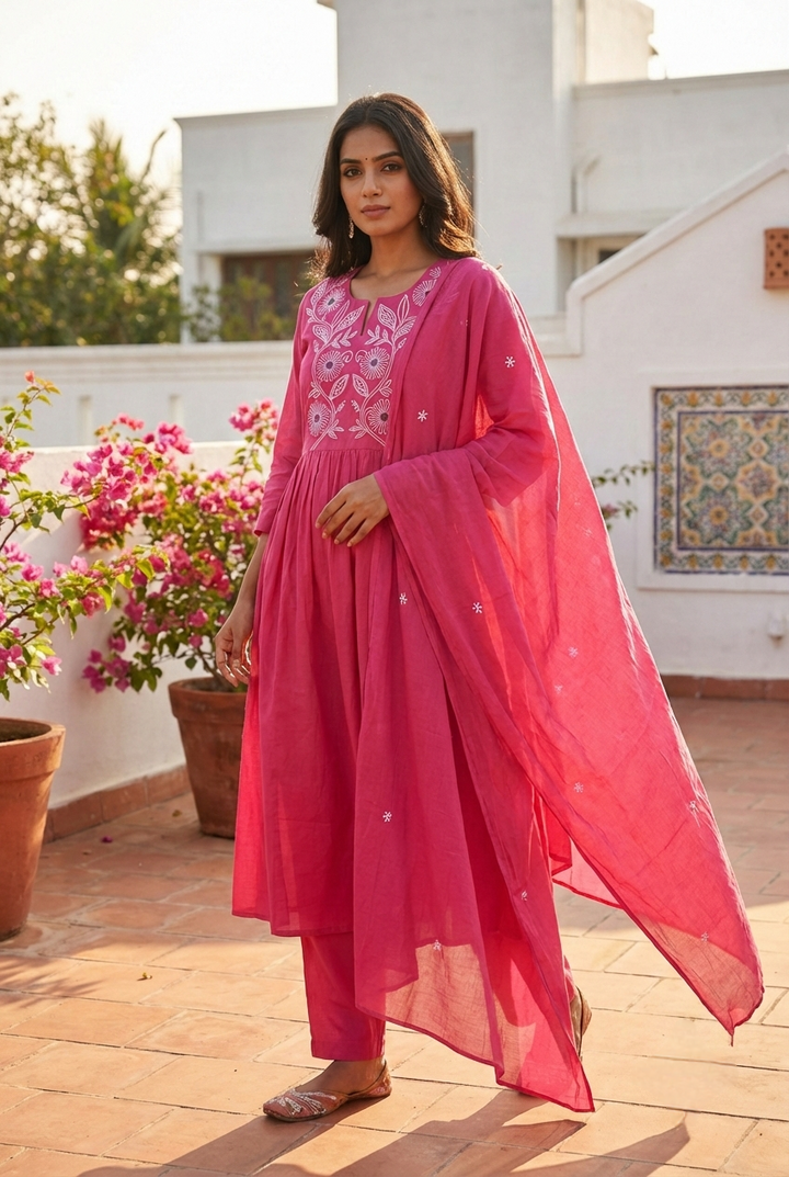 Neerus Pink cotton hand embroidered suit set - front view