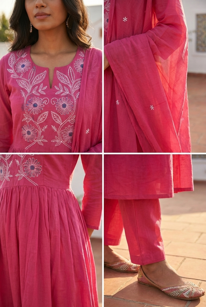 Neerus Pink cotton hand embroidered suit set - detail view 2