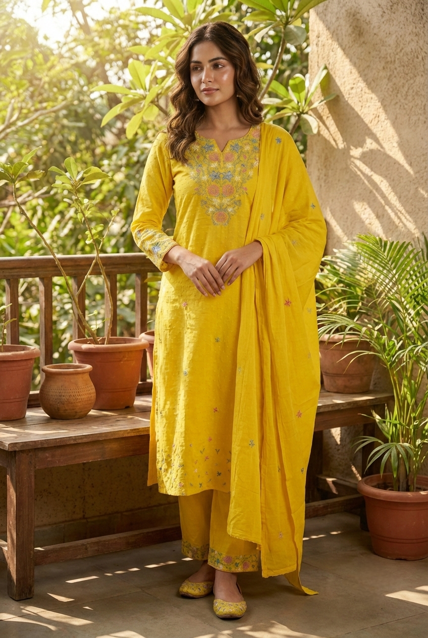 Neerus Yellow linen hand embroidered suit set - front view