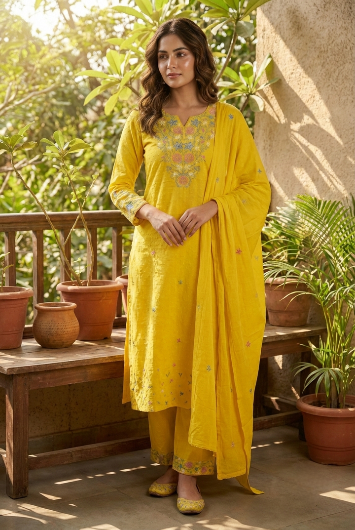 Neerus Yellow linen hand embroidered suit set - front view
