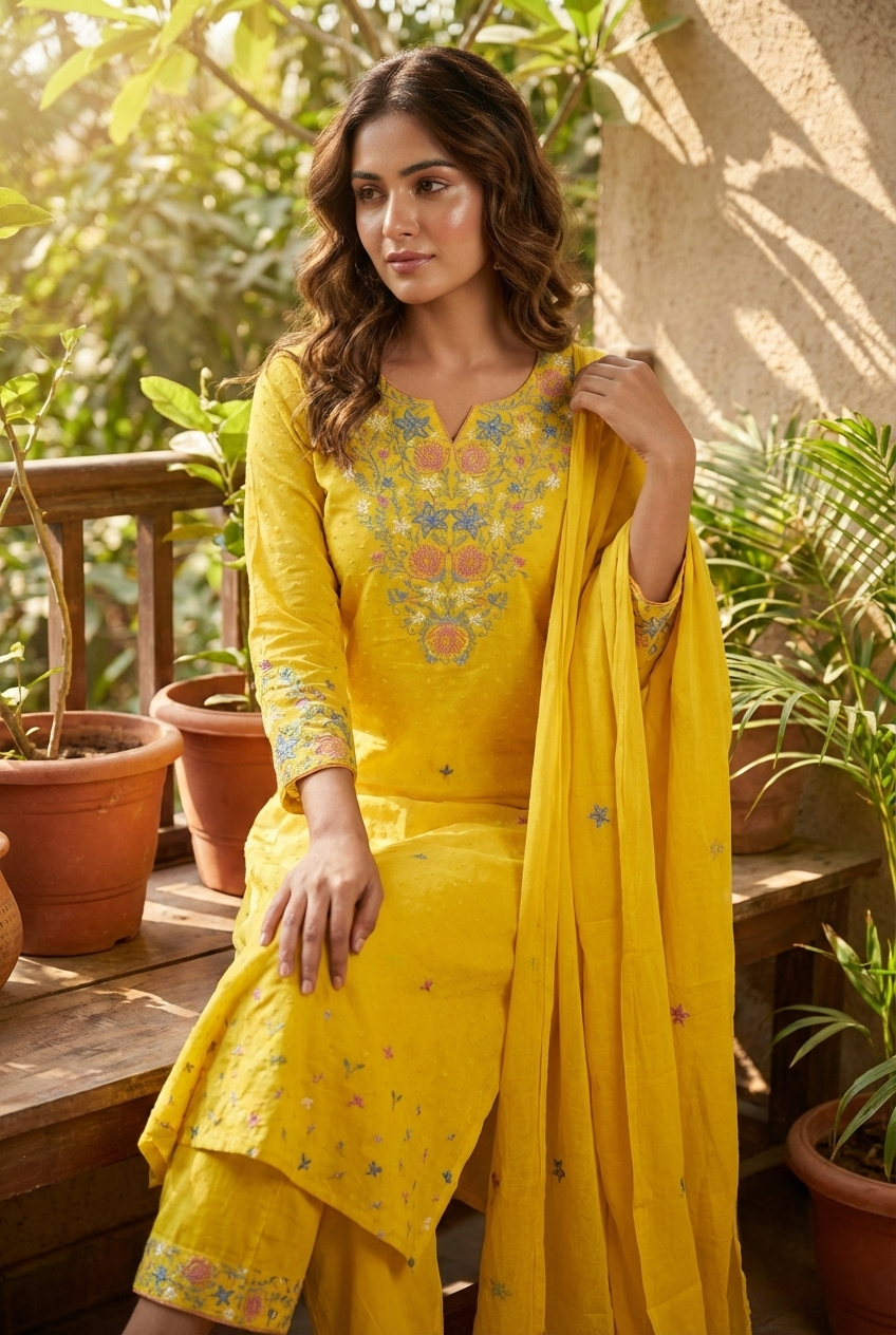 Neerus Yellow linen hand embroidered suit set - back view