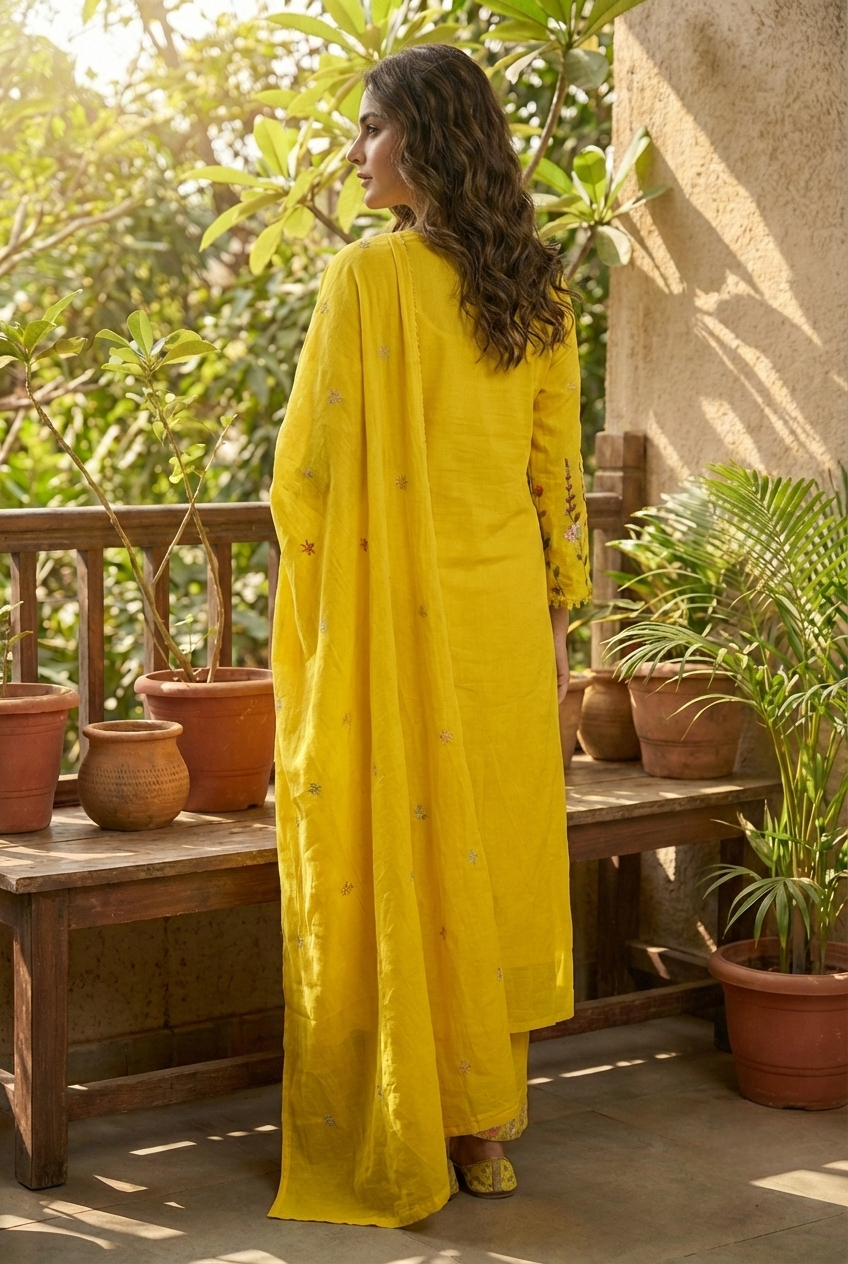 Neerus Yellow linen hand embroidered suit set - side view