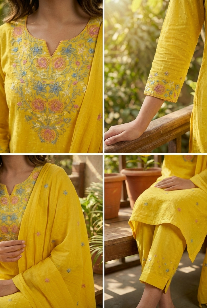Neerus Yellow linen hand embroidered suit set - detail view 1