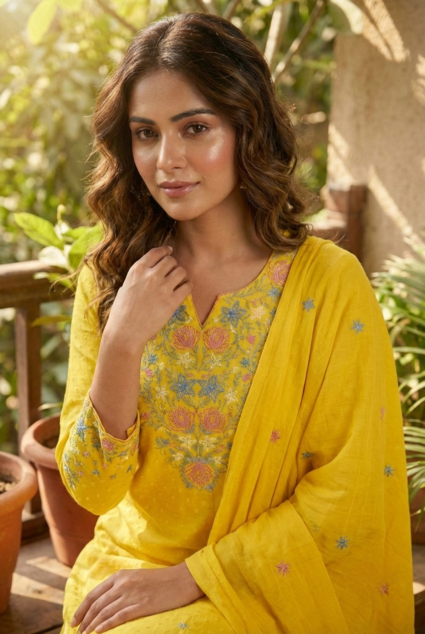 Neerus Yellow linen hand embroidered suit set - detail view 2