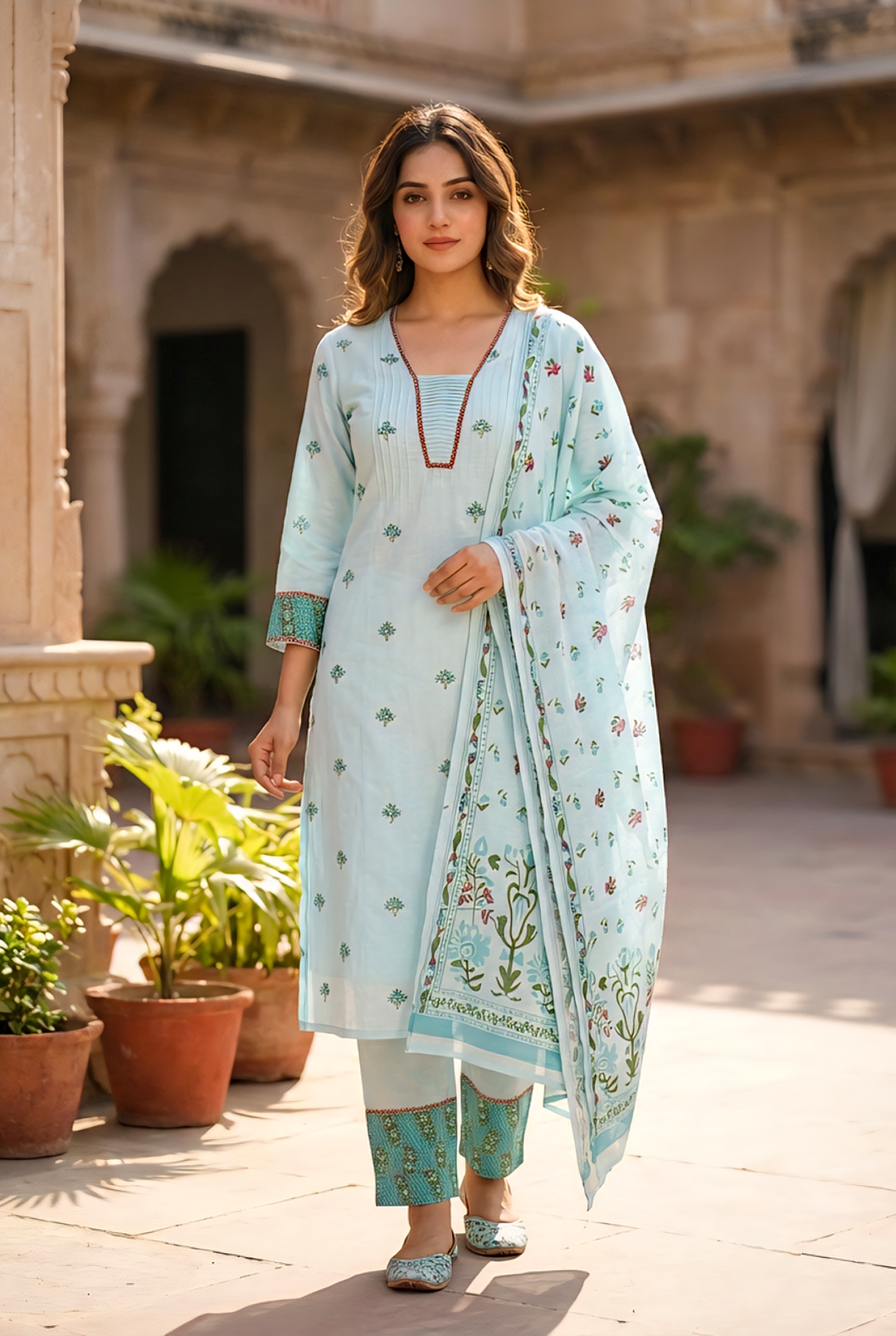 Neerus Blue cotton printed suit set - front view