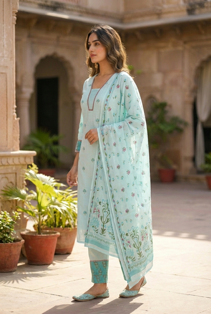 Neerus Blue cotton printed suit set - side view
