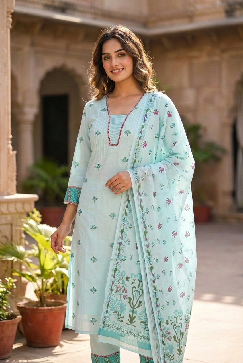 Neerus Blue cotton printed suit set - detail view 2