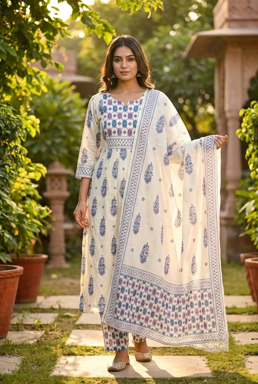 Neerus Blue cotton printed suit set - front view