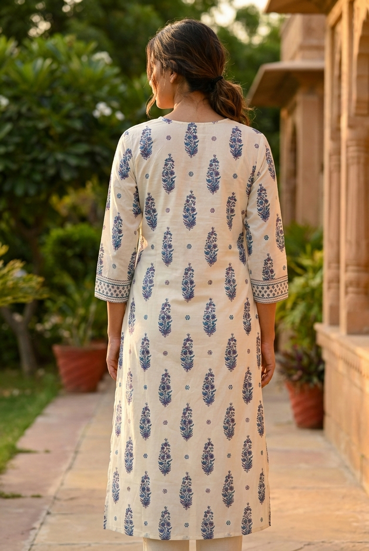 Neerus Blue cotton printed suit set - back view