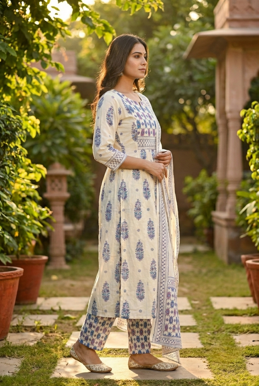 Neerus Blue cotton printed suit set - side view